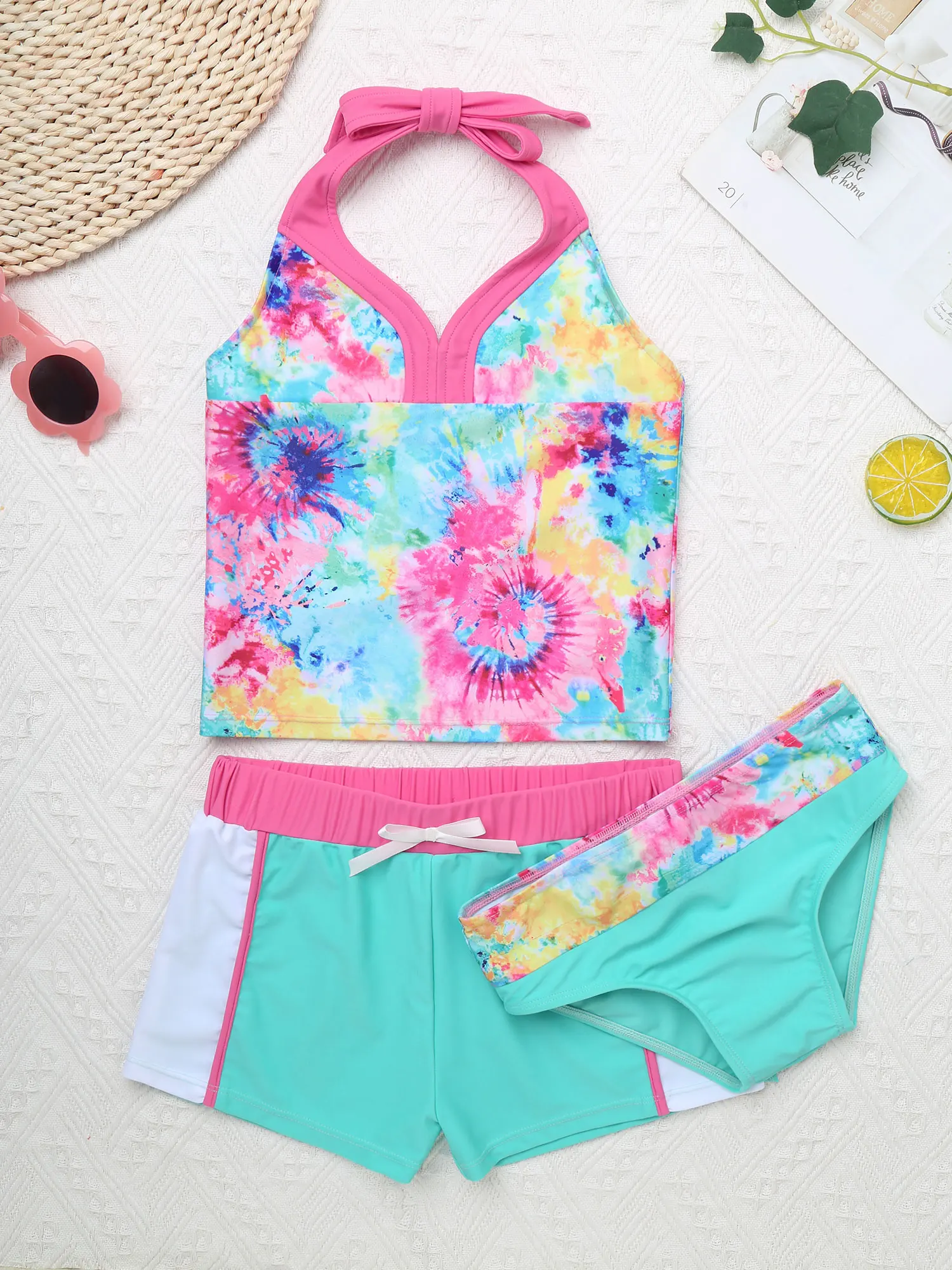 Детский купальник для девочек с лямкой на шее топ эластичным поясом женский