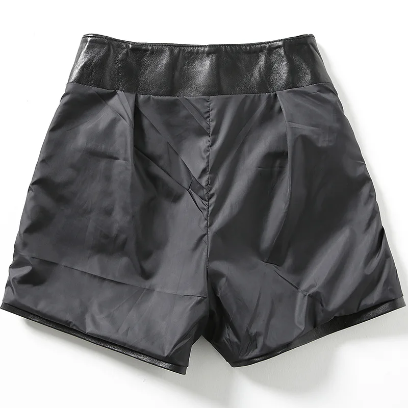 2021 New Fashion Womens Sexy Black Genuine Leather Sheepskin Lace Up Slim High Quality Female Straight Shorts Skirts 3XL