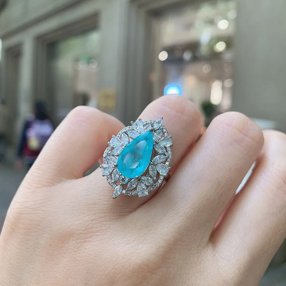 

2021 New Arrival 925 Sterling Silver Sea Blue Paraiba Tourmaline Gemstone Pendant Necklace Rings for Women Luxury Jewelry Sets