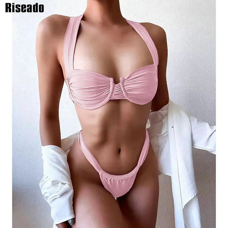 

Riseado Push Up Women's Bikini Sexy Ruched Swimsuit 2021 Female Criss Cross Swimwear Solid Beachwear Underwire Biquinis Thongs