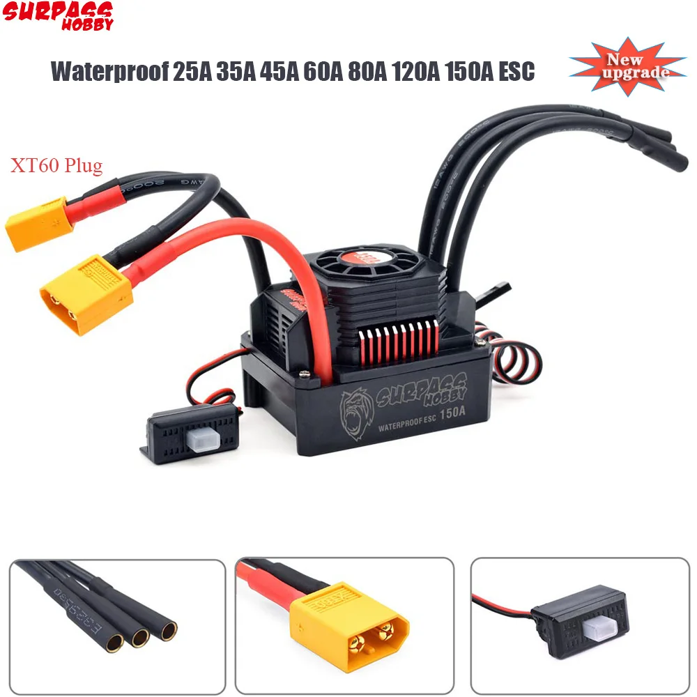 

RC ESC Водонепроницаемый бесщеточный 25A 35A 45A 60A 80A 120A 150A ESC, Скорость контроллер XT60 разъем для 1/8 1/10 1/12 1/20 RC автомобиль