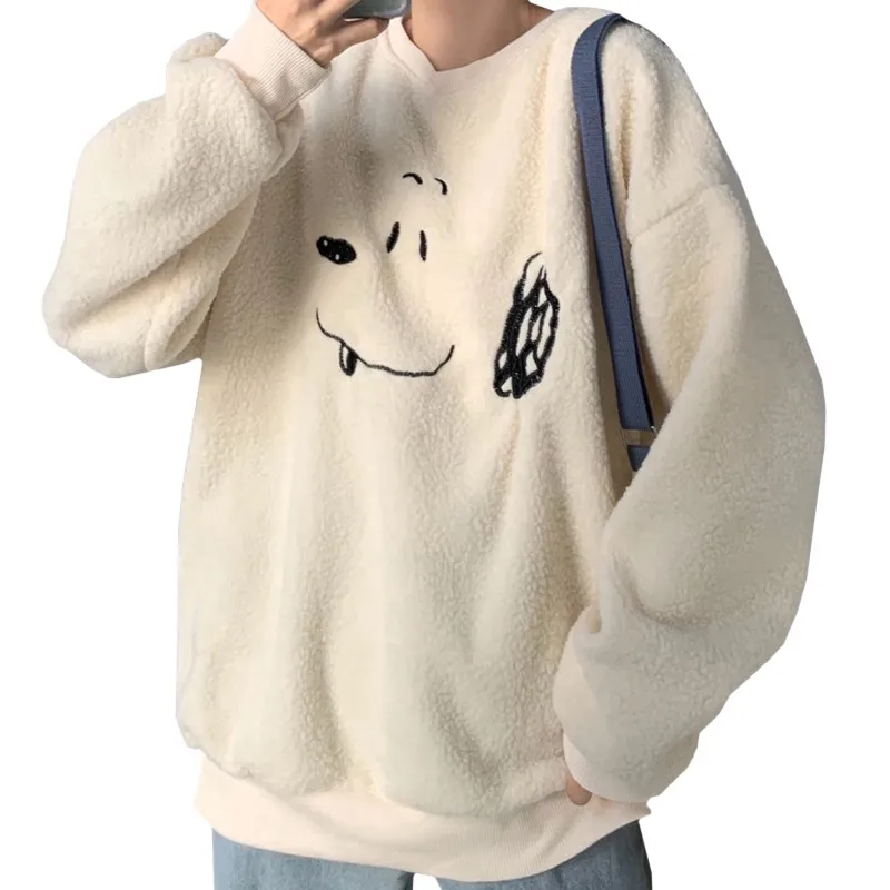 Sweet Girly Style Winter New Arrivals Women Hoodie Sweatshirt Apricot Lamb Wool Embroidery Cute Puppy Female Loose Pullover