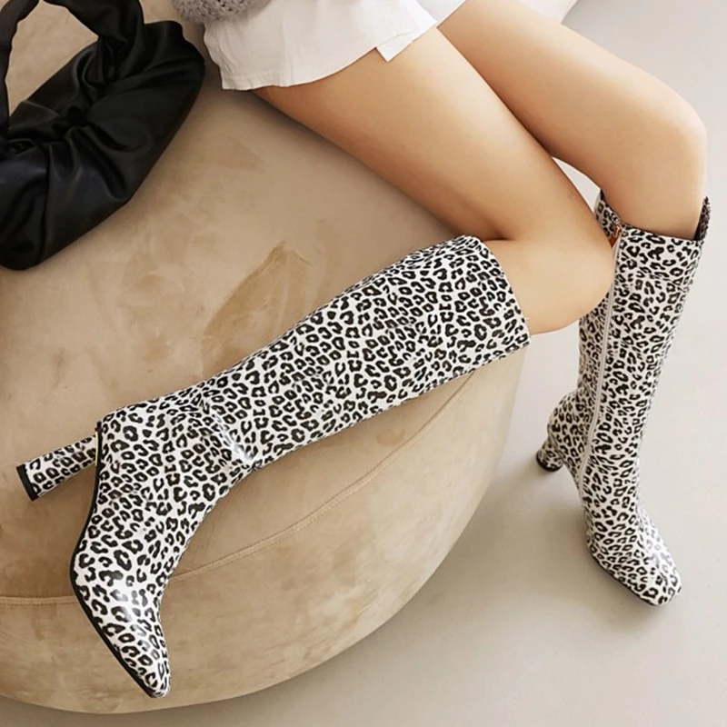 Lady's High Heel Sexy Leopard Boots Platform Luxury Animal Print Knee High Boots Side Zipper Winter Shoes Women Size 49