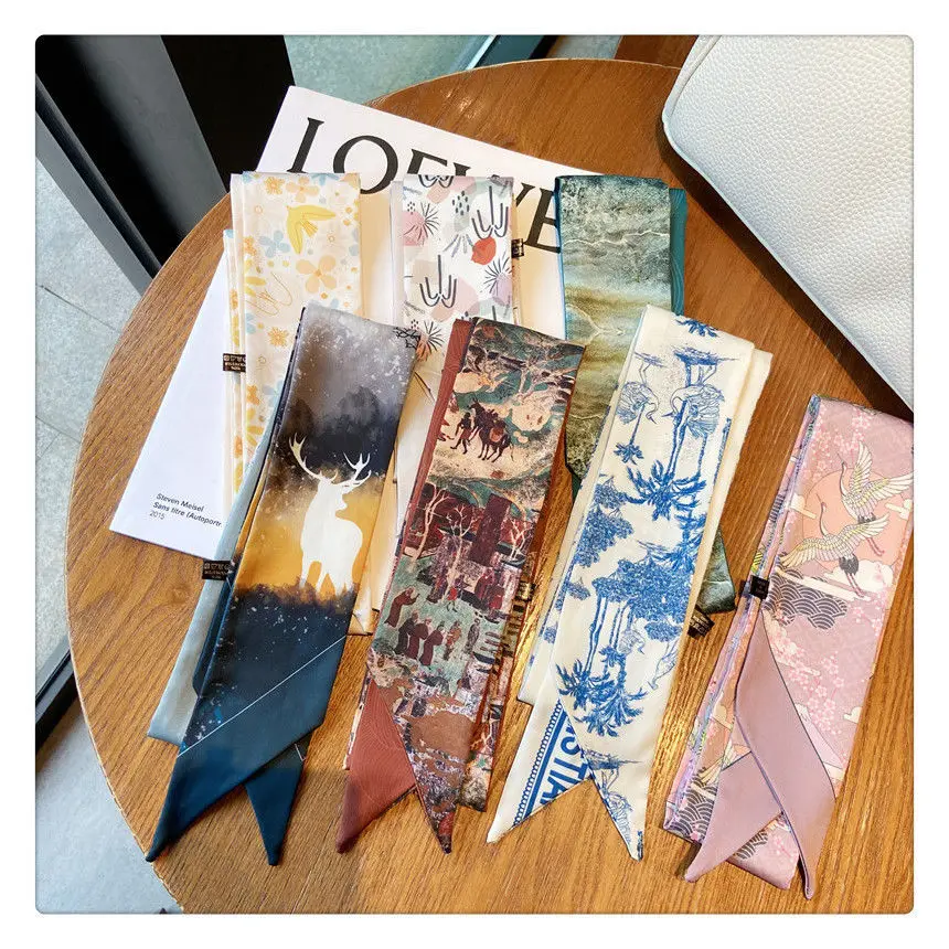 

Fashion Printing Chinoiserie Oil Painting Scarf Narrow Strip Arm Bag Ribbon Belt Female Scarf Silk Scarf