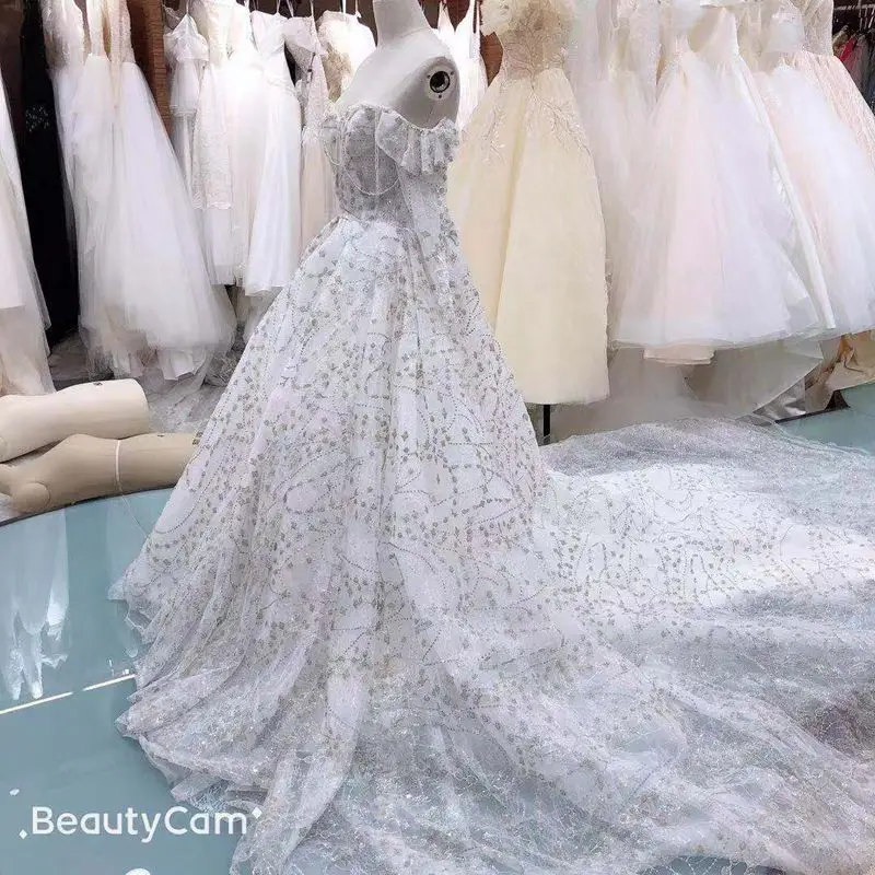 

Cathedral Train Off Shoulder Sweetheart Lace Beading Long Sleeve Wedding Dress Bride Gown