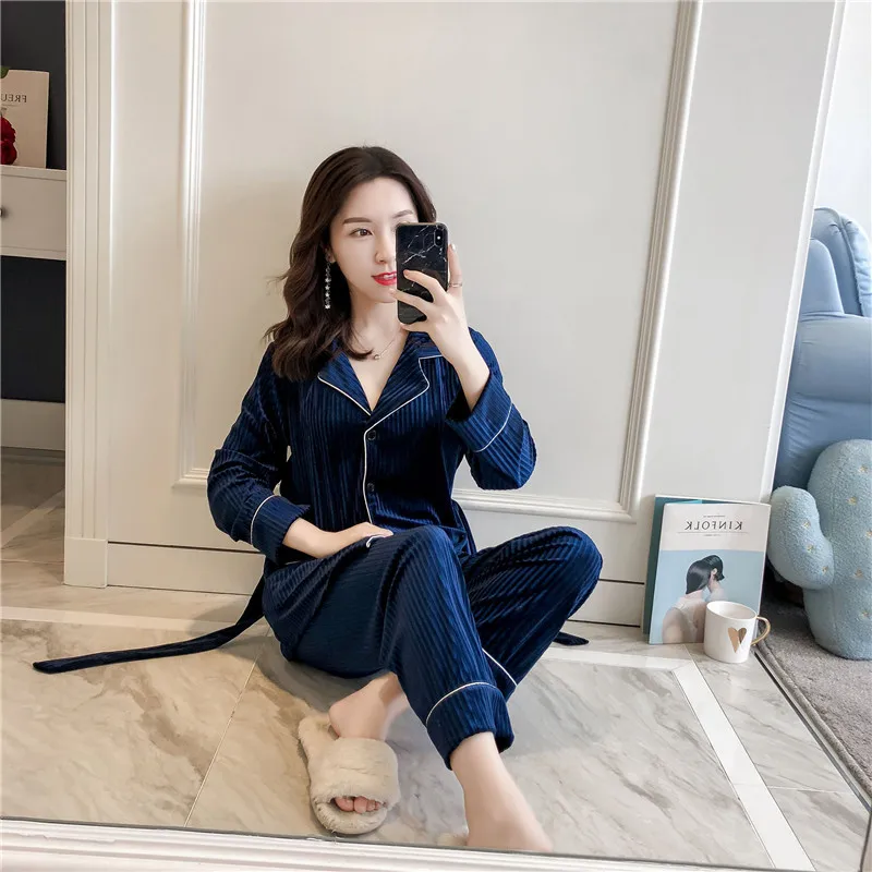 

Pajamas set autumn and winter new home service suit women long-sleeved lapel cardigan style pajamas can be worn pijama feminino
