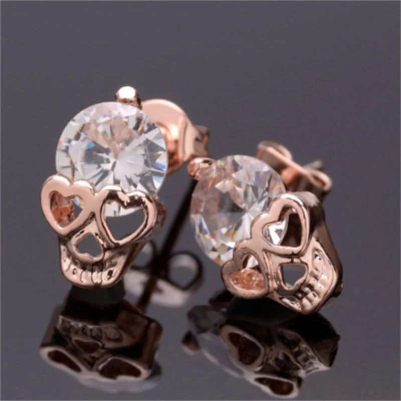 

1 Pair Women Ladies Rose Gold Tone Crystal Skull Pierced Studs Earrings Wholesale