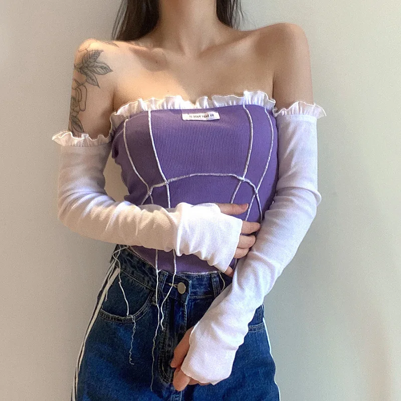 

2021 Low Cut Slash Neck Ruffle Casual T Shirts Women Y2k Long Sleeve Off Shoulder Slim Tops Fashion Female Patchwork Tee Shirts