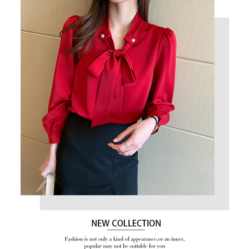 

Spring 2021 New Women Korean Style Temperament Bow Tie Chiffon Blouses Plus Size Solid Color Long Sleeve Lady Clothes Top