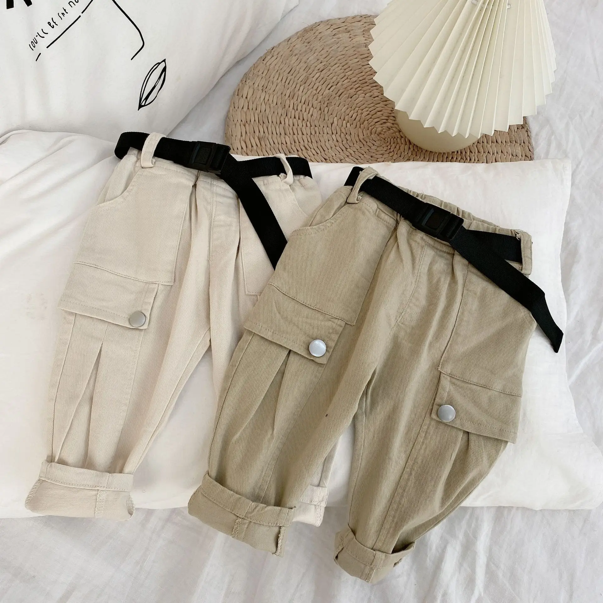 

WLG Boys Girls Pant Kids Trouser Spring Fall Beige Khaki Solid Pants Baby Fashion All Match Bottoms for 1-6 Years