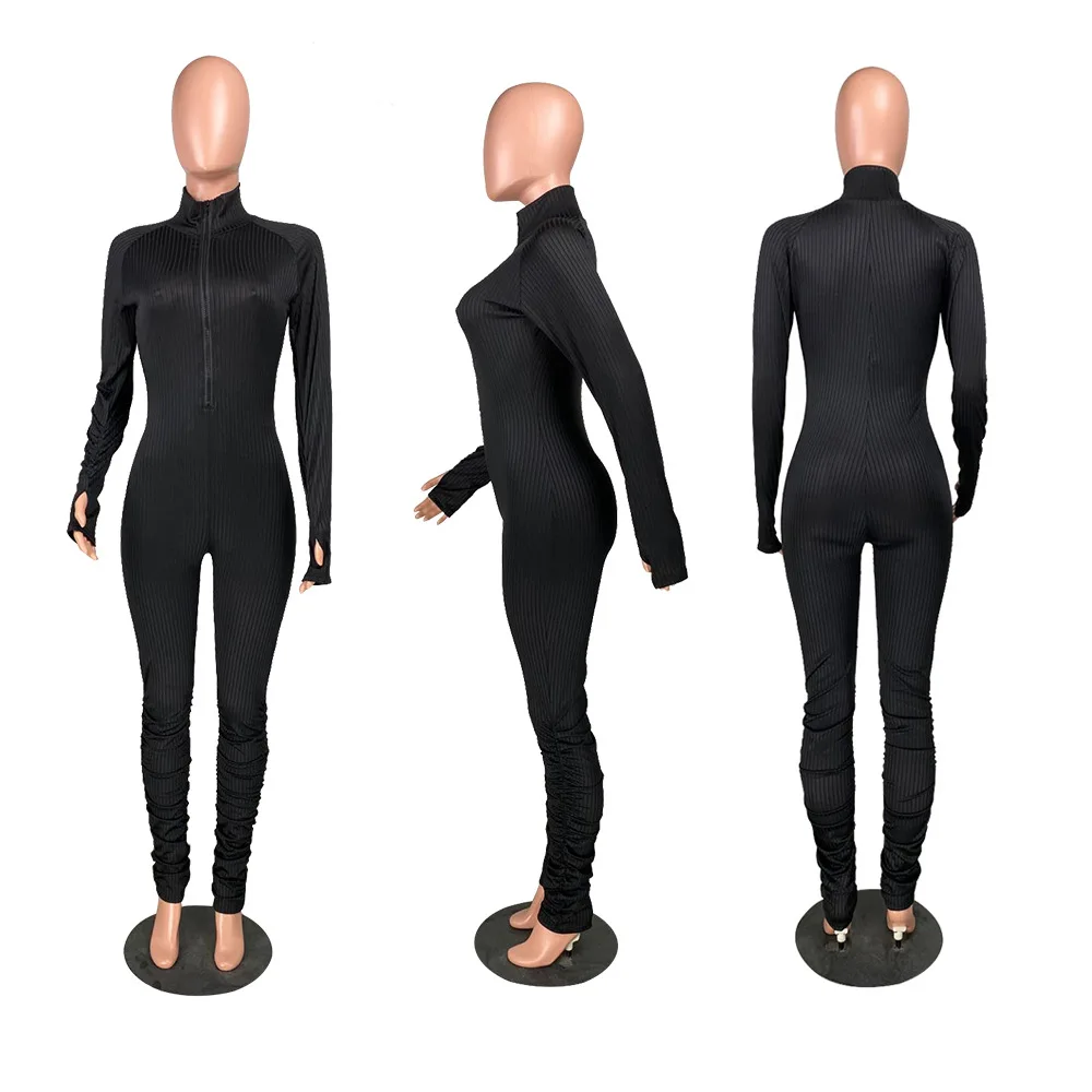 

Casual Women Ribbed Jumpsuits Zippers Skinny Ribbed Jumpsuit High Elasticity Ribbed Bodysuit Raised Lines Pattern Jumpsuit