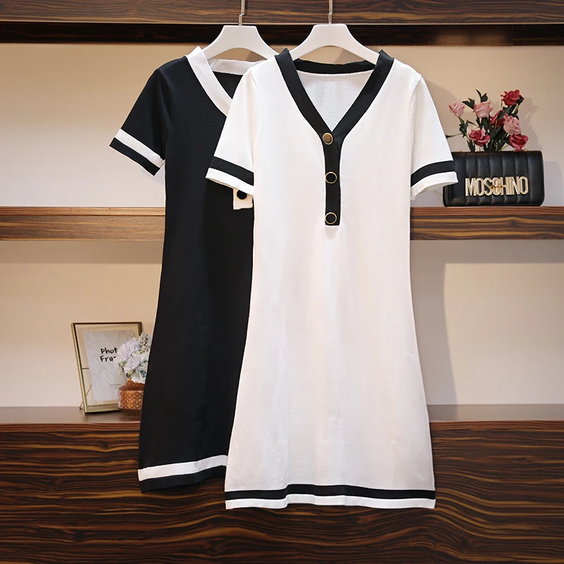 

EHQAXIN 2021 New Summer Plus Size Women's Short-Sleeved V-Neck Dress Knitted Tops Elegant Shirt Dresses M-4XL