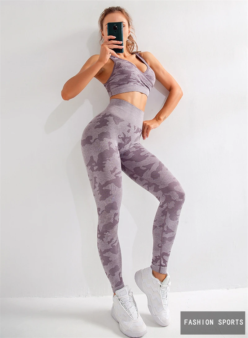 

2021 3Pcs Camouflage Seamless Yoga Set Sports Wear Women Fitness Clothing Yoga Leggings+Sport Bra+Shirts Top Gym Sports Suits