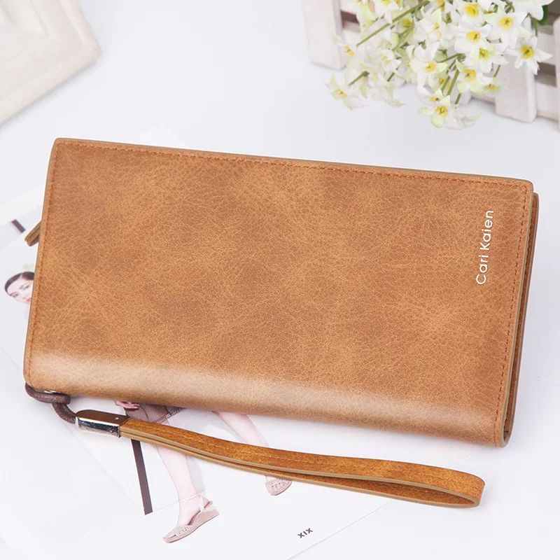 

New ladies long wallet solid color frosted leather retro multi-card ID mobile phone bag large capacity zipper buckle clutch