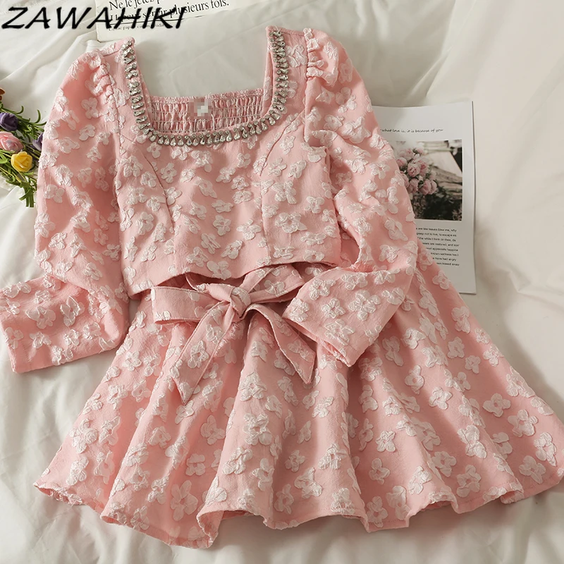

ZAWAHIKI Women's New Suit Diamond Square Neck Bow Flower Sweet Fashion Autumn Short Tops Tie Long Sleeve High Waisted Mini Skirt