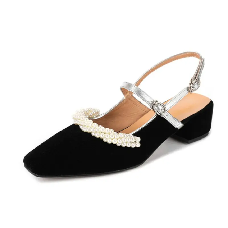 

Sianie Tianie 2020 summer genuine leather chunky middle heels sweet ladies slingback sandals women with pearls decoration