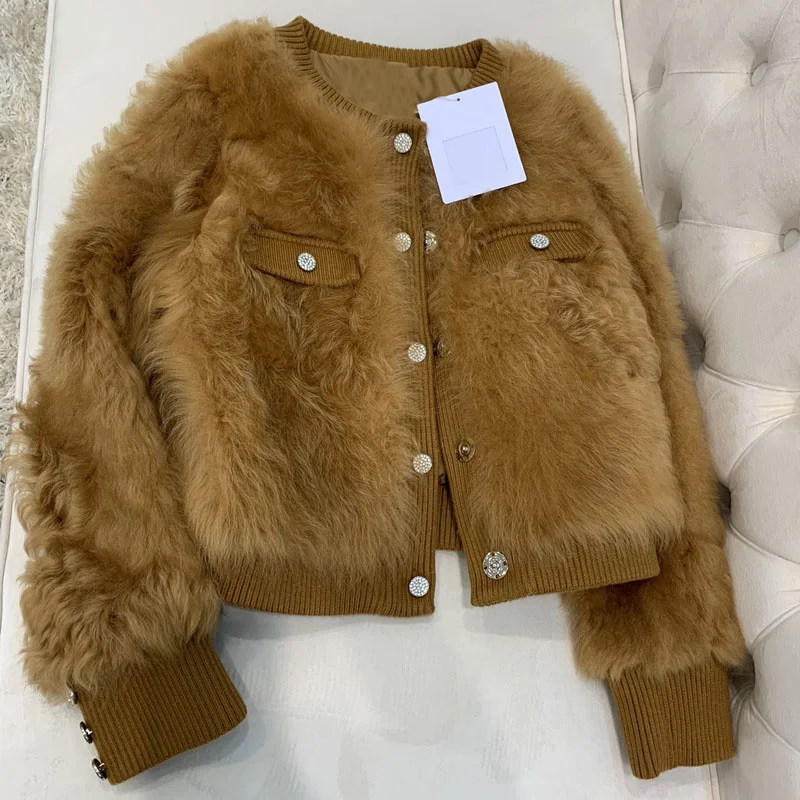 

Женское зимнее пальто с круглым вырезом, короткое теплое шерстяное пальто из натурального овечьего меха с круглым вырезом, 2022