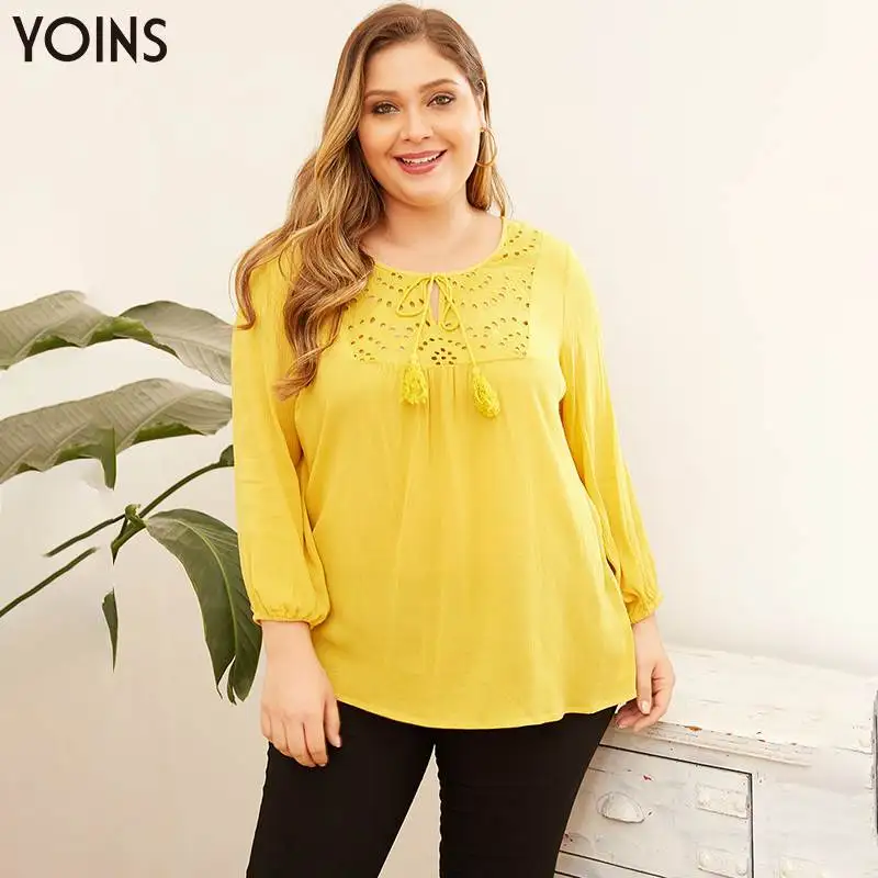YOINS богемная блузка с круглым вырезом и кисточками эластичными рукавами 2020