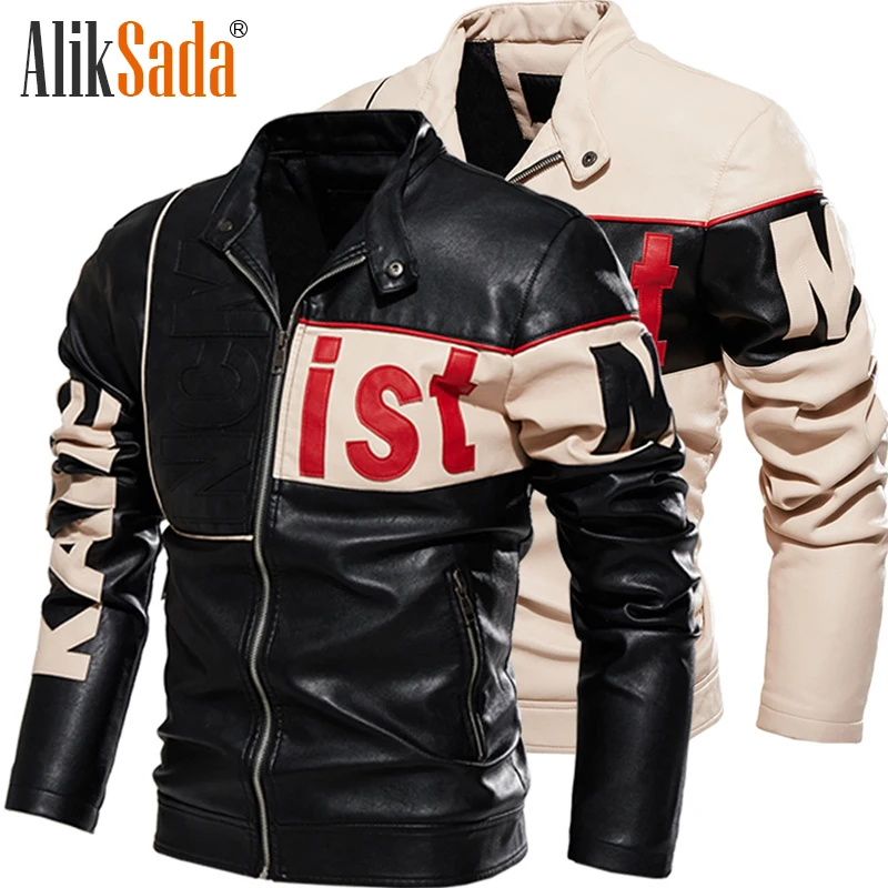 Aliksada Men Jackets 2021 New Men Trendy Motorcycle Clothing Color-Blocking Pu Coat Plus Velvet Beige Leather Jacket Men