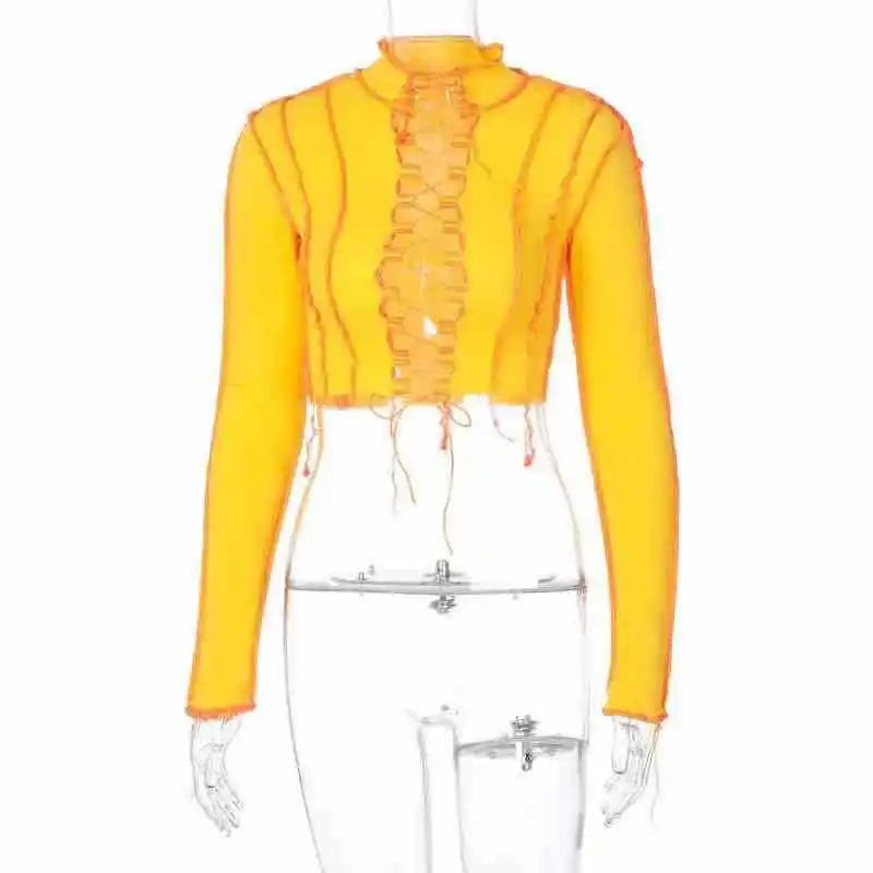 

WEPBEL Spring and Autumn Fashion Long Sleeve Stand Collar Hollow Out T-shirt Top Women's Sexy Stitching Lace-up T-shirt