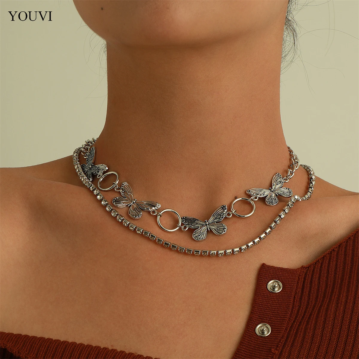 

YOUVI Layered Cuban Link Chains Necklace for Women Punk Vintage Butterfly Choker Necklace Jewelry Set Collar Accessories