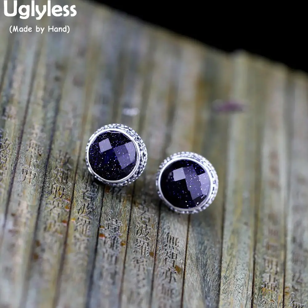 

Uglyless 13MM Minimalist Round Gemstones Stud Earrings for Women Noble Blue Sand Stones Silver Earrings 925 Silver Jewelry E1581