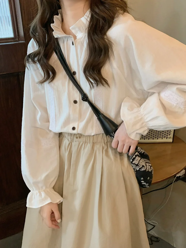 

Женская рубашка на пуговицах, белая рубашка с воротником и рукавами-фонариками, женская рубашка на раннюю осень, новинка 2021, корейский свобо...
