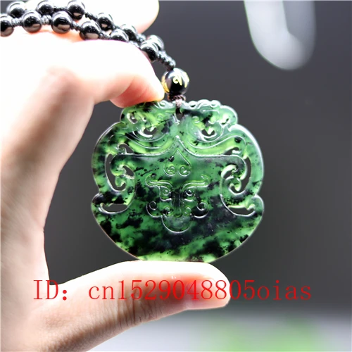 Ожерелье из натурального черного и зеленого нефрита с подвеской в виде дракона