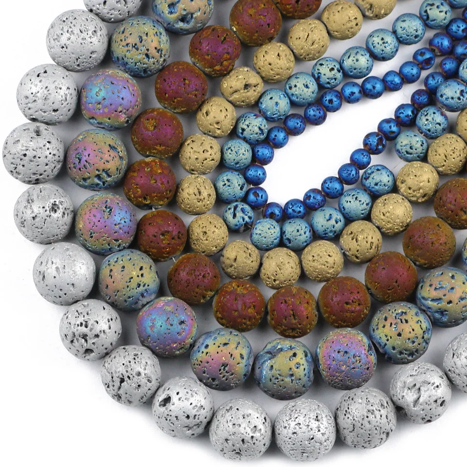 HGKLBB gold silve Purple plating Volcanic Lava Rock Natural Stone Round Loose beads Jewelry Making 4/6/8/10/12MM bracelets DIY | Украшения