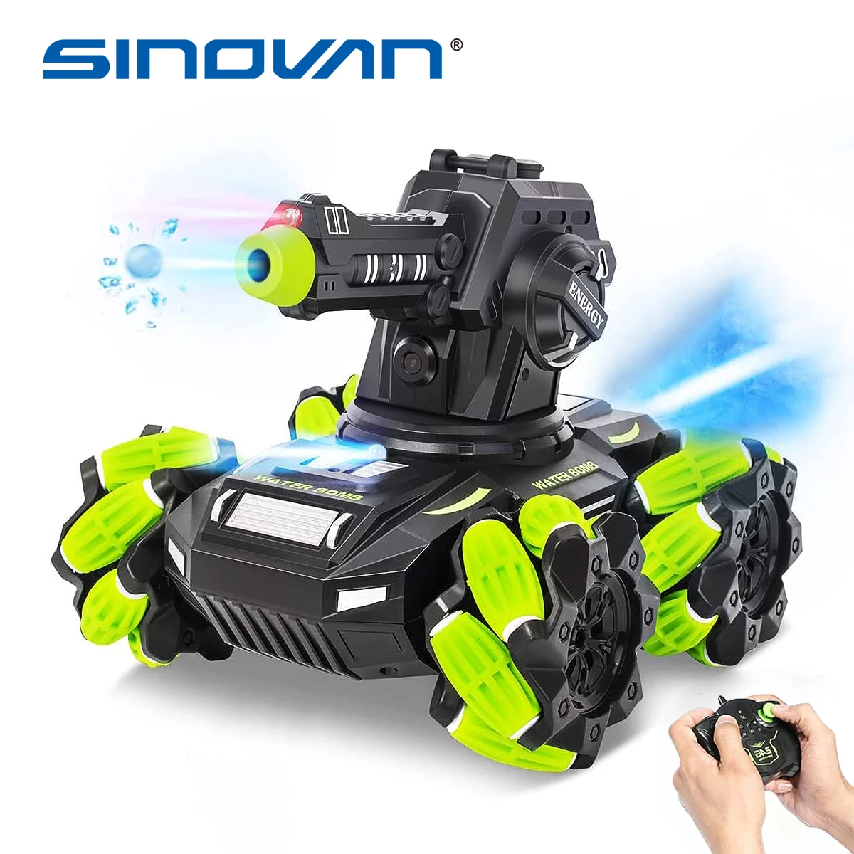 Sinovan RC Tank Shooting Water Bullets 360°Rotating Water bomb RC Car 2.4Ghz Remote Control Toys with LED Spray Toy for Kid Gift