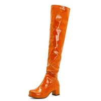 orange oversized patent leather thick heeled over the knee boots green bright leather boots purple mid heeled boots yellow red