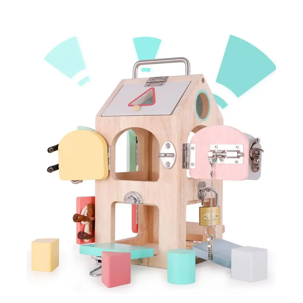 

Kids Busy Boards Cube House Unlocking Sensory Toys Wooden Children Montessori Educational Toys Shape Color Matching Board Games