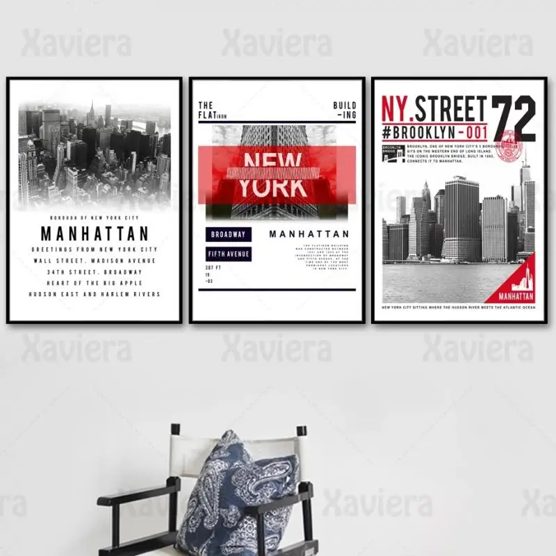 

Vintage Poster New York Manhattan City Map Landscape Wall Art Black White Red Canvas Painting Home Decor for Living Room Bedside