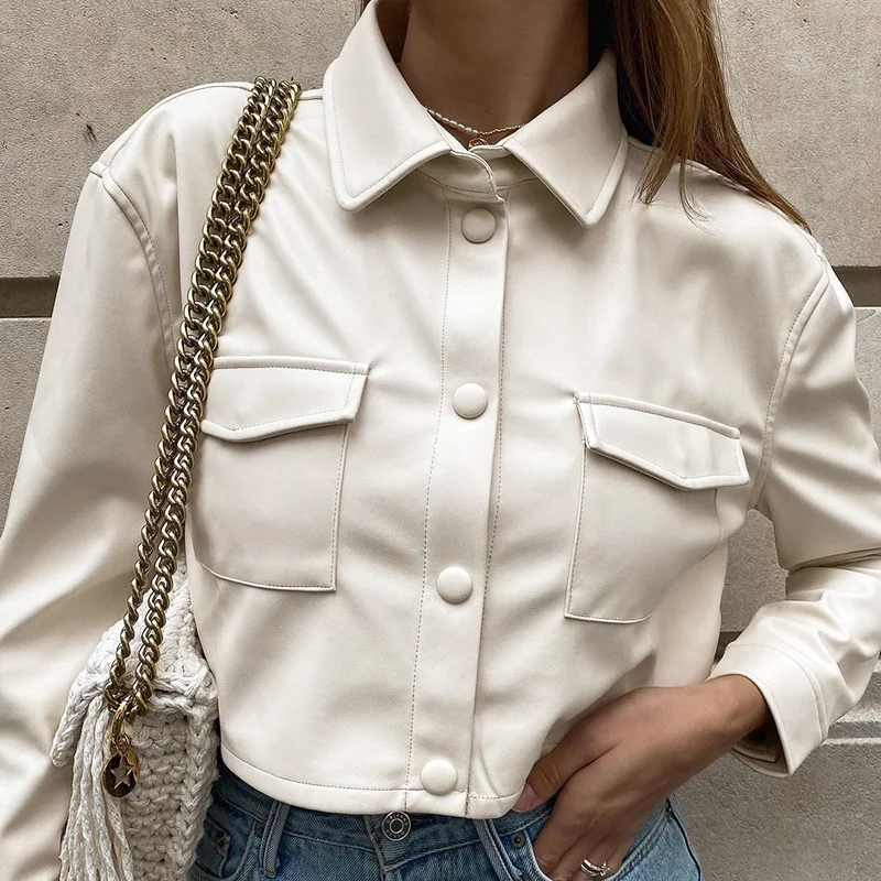 

ZOVSV Black Faux Leather Cropped Jacket Women Autumn Vintage Elegant Coats Ladies PU Harajuku Thin Fashion Overcoat Winter