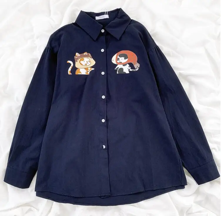 

Japanese funny cute cartoon cat print turn-down collar solid color loose long-sleeved shirt