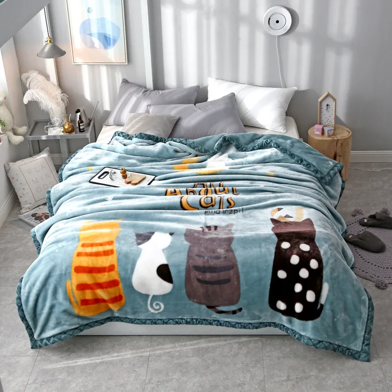 

150x200CM Autumn and winter extra thick double raschel bedding blanket student cartoon cat Warm and soft blanket