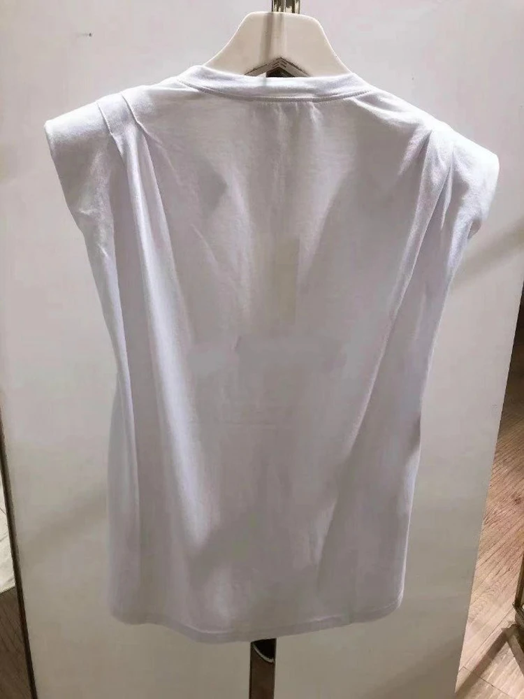 

Women V-Neck Cotton T Shirt 2021 New Summer Lady Sleeveless Tee Tops with Shoulder Pads