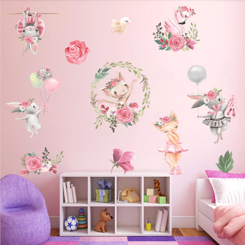 Zollor Cartoon Rabbit Balloon The Ballet Girl Environmental Protection Wall Sticker Drawing Room Bedroom Decorative Stickers | Дом и сад