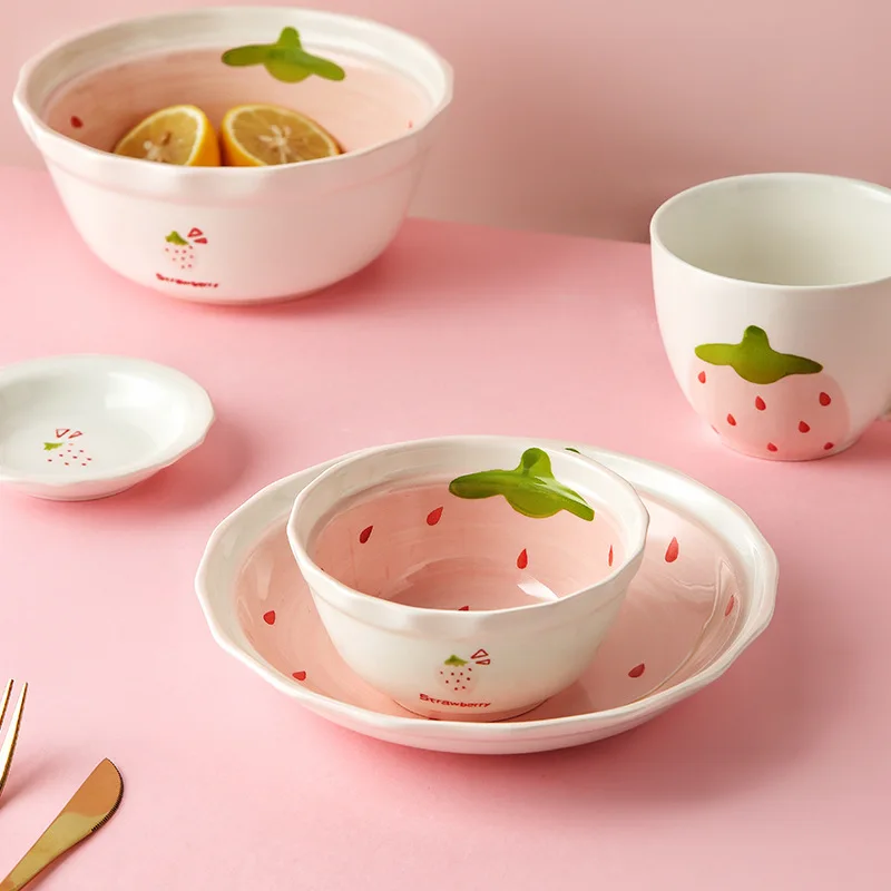 Strawberry Bowl Cute Girl Heart Rice Creative Personality Household Noodle Soup Dishes Tableware dinnerware set | Дом и сад