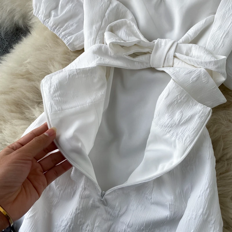 

Elegant French Style V-Neck Slim Bow Lace-Up Open Back Midi Vocations Party Dress Women White Short Sleeve Summer Dress