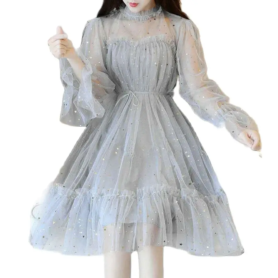

2021 Spring Summer New Women O-neck Stars Sequined Mesh Shiny Fairy Dress Female Elegant Bling Gauze Princess Puff Dresses