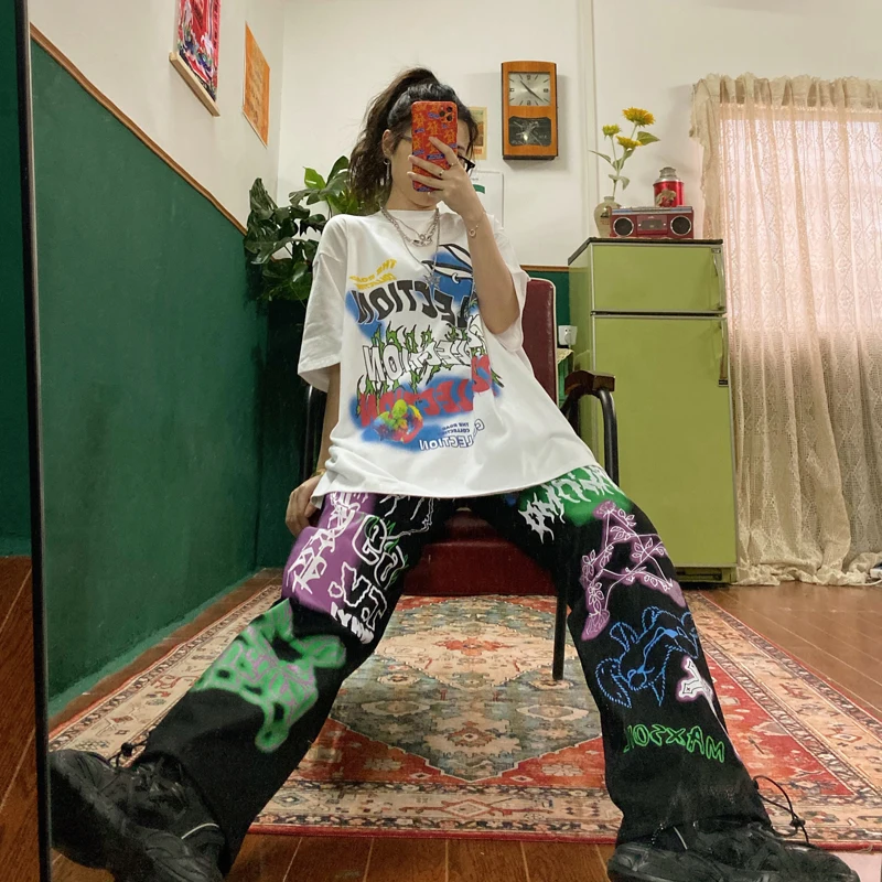 

girl cartoon print Street hip hop loose BF father pant show thin overalls pants trousers strange taste girl soft