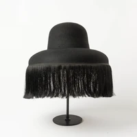 fashion black hat quality autumn and winter new dome cap with fringed fedora hat retro personality bucket hat custom style cape