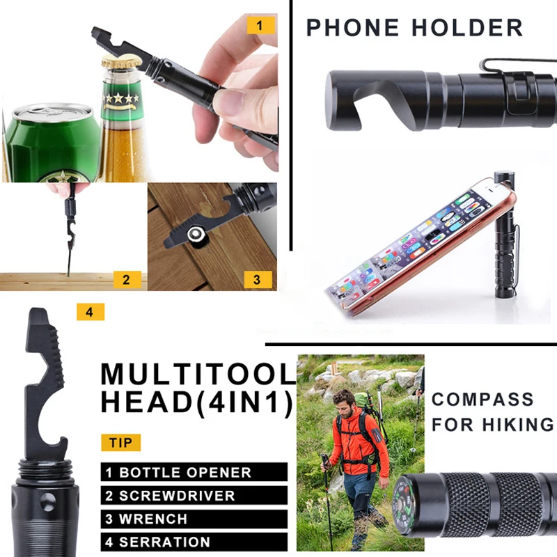 

Multifunctional Tactical Pen Flashlight Phone Holder Self-Defense Emergency Glass Breaker Pen Outdoor Survival Tool With Knife