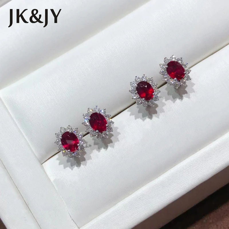 

JK&JY 100%18K White Gold 0.63Ct Natural Ruby 0.24Ct Diamond Halo Earrings Fashion Wedding Fine Jewelry
