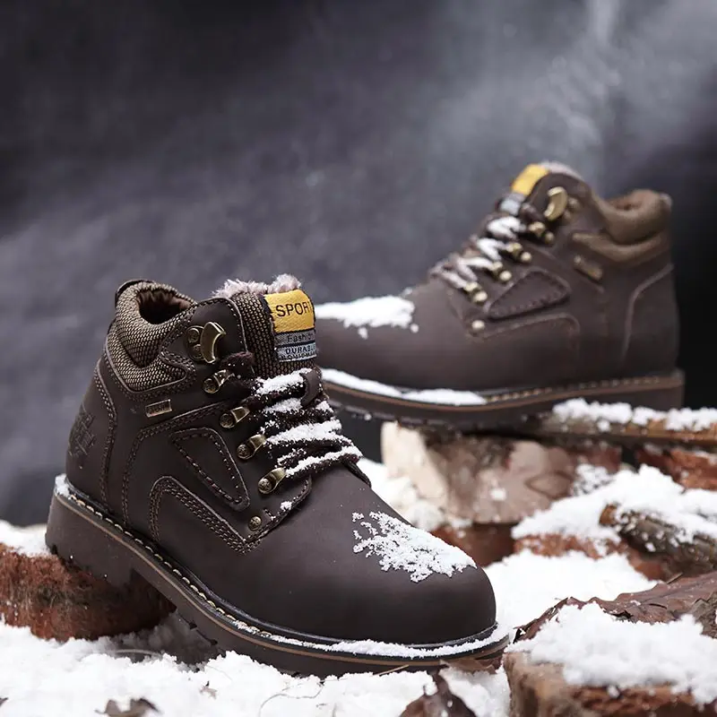 Модные кожаные ботильоны Мужская зимняя теплая плюшевая повседневная обувь в