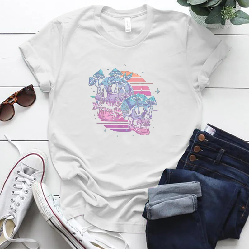 

Забавная цветная футболка Seeyoushy с принтом черепа гриба, женские модные футболки, винтажные женские блузы, женская футболка с коротким рукав...