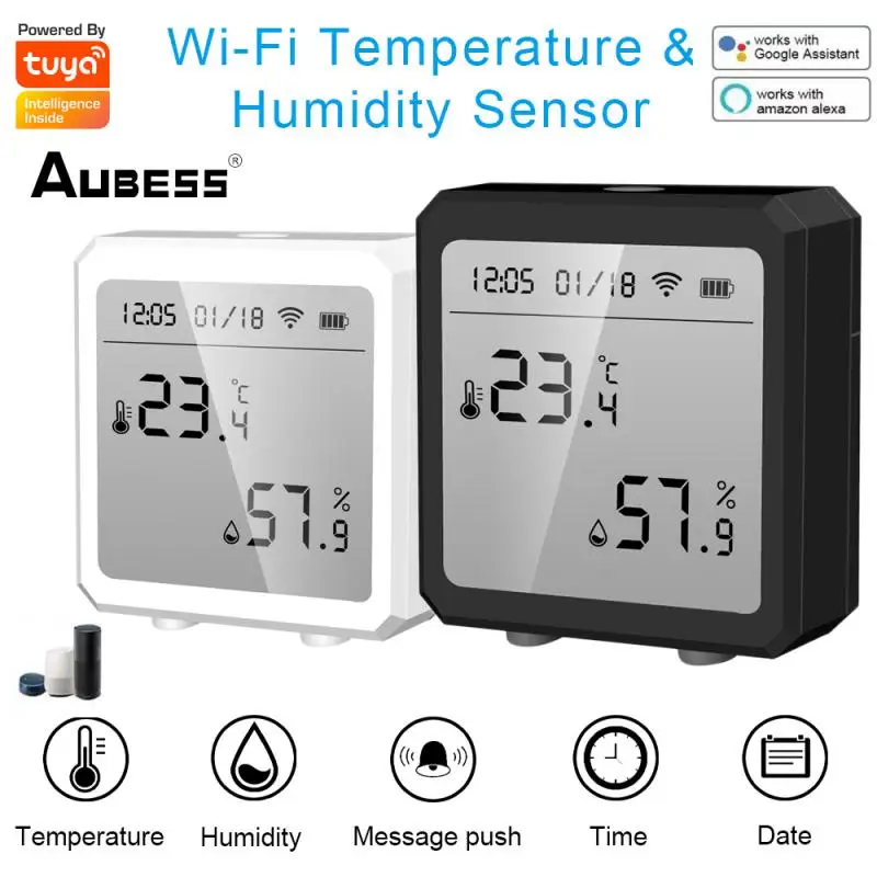 

Aubess Tuya Smart WIFI Temperature And Humidity Sensor Indoor Hygrometer Thermometer With LCD Display Work Via Alexa Google Home
