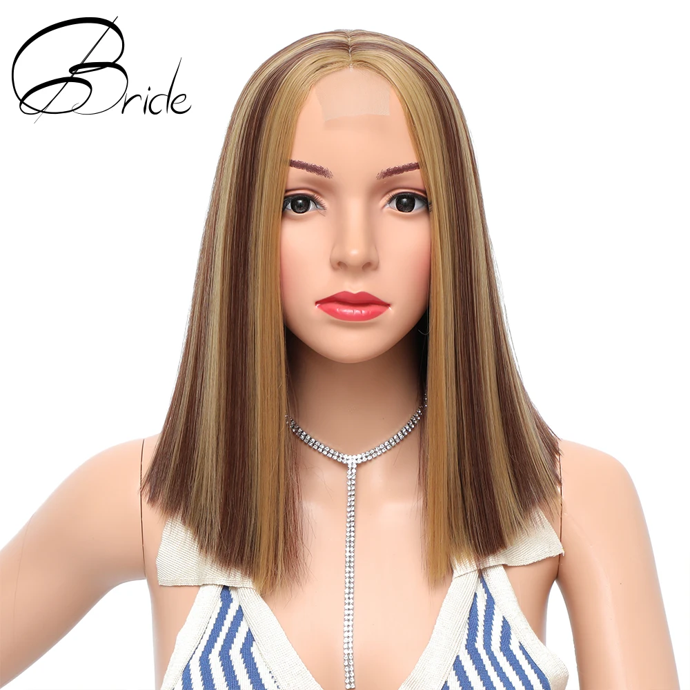 Длинный прямой Гладкий синтетический парик 14 дюймов коричневого и светлого