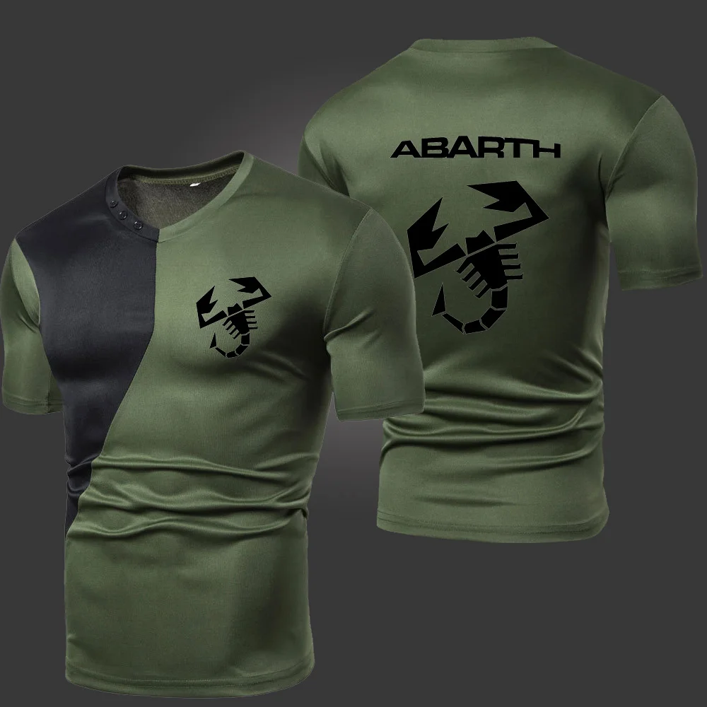 

2021 Summer New Abarth Men's T-Shirts Solid Color Splicing Casual Breathable Sports Slim Fitting Short Sleeve V-Neck Spotswear